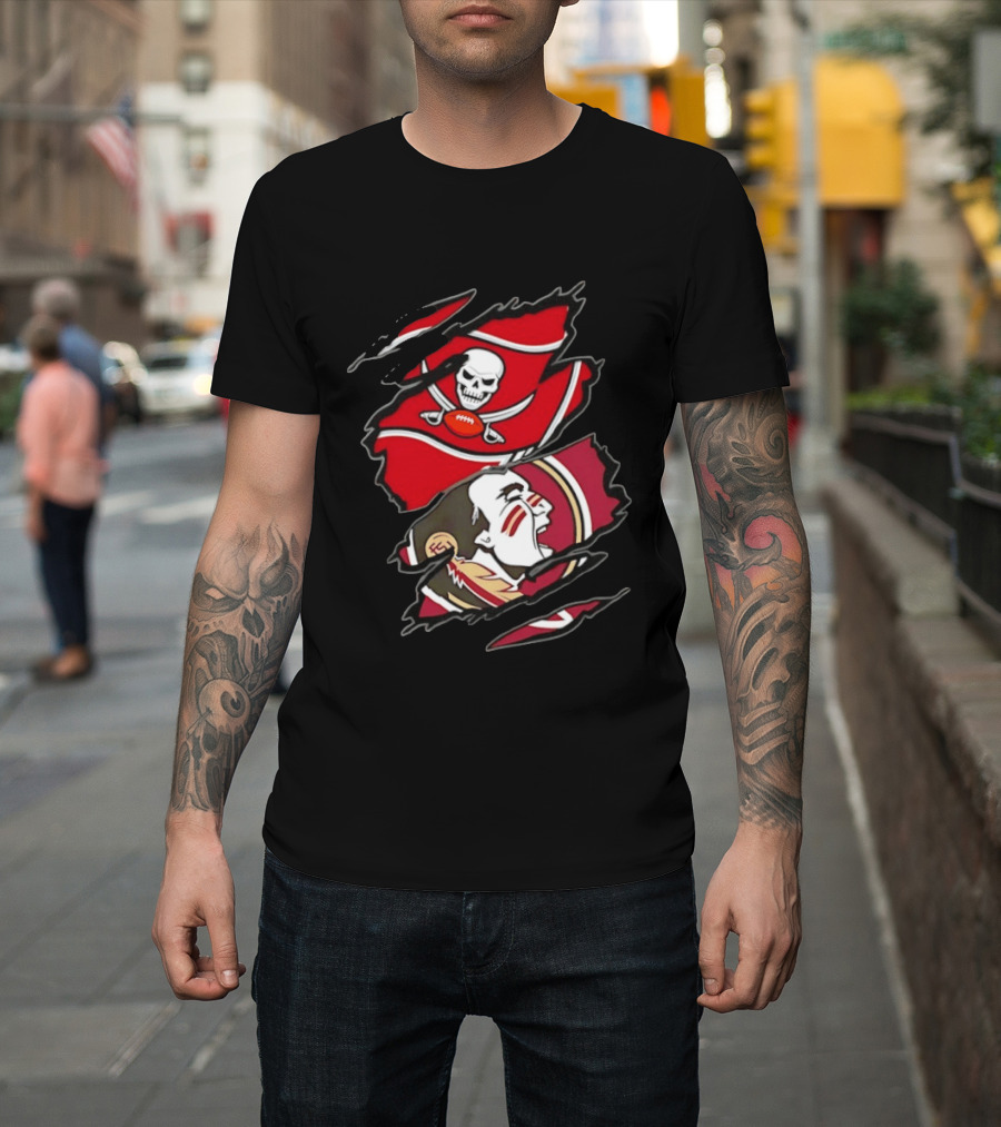 Tampa Bay Buccaneers And Florida State Seminoles Two Teams One Heart Scratch Skull Flag Warrior Face T-Shirt