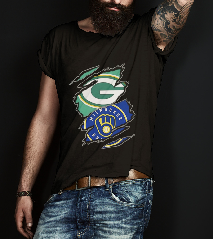Green Bay Packers Milwaukee Brewers Two Teams One Heart Scratch T-Shirt