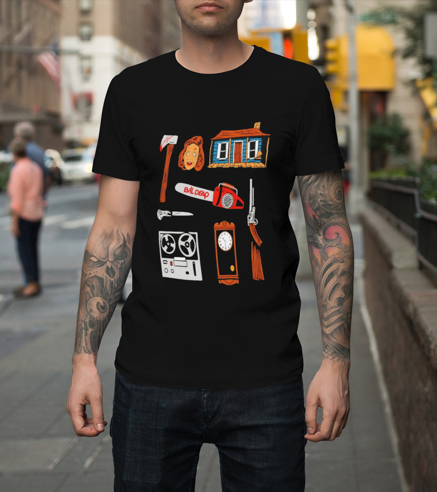 Evil Dead Horror Collage Chainsaw Cabin Axe Ash Williams T-Shirt