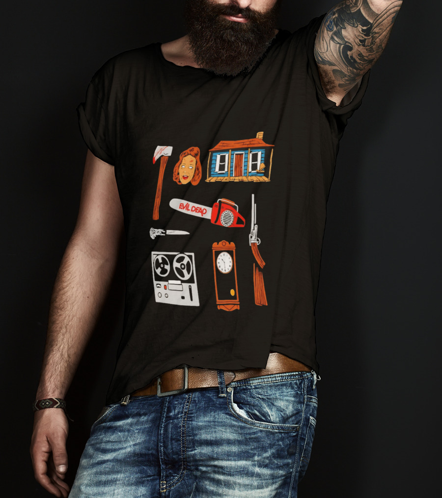 Evil Dead Horror Collage Chainsaw Cabin Axe Ash Williams T-Shirt