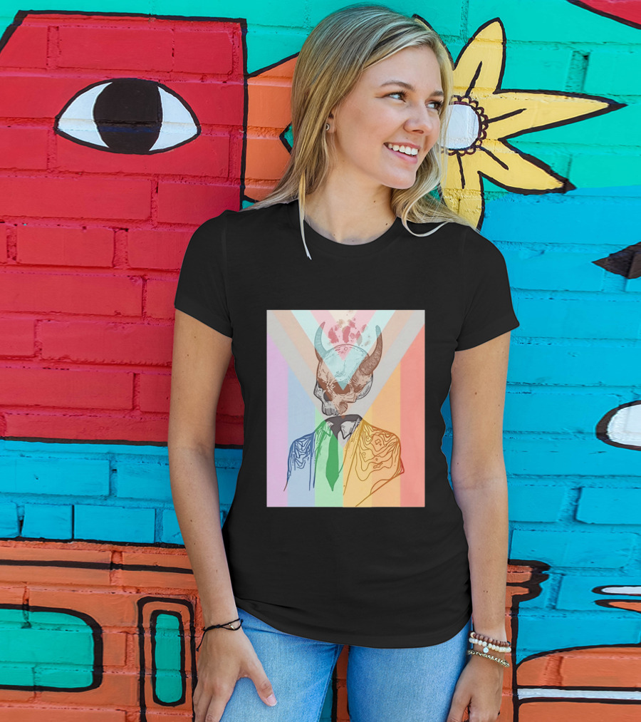Horned Devil Skull Suit Pride Flag Surrealism Abstract Colorful T-Shirt