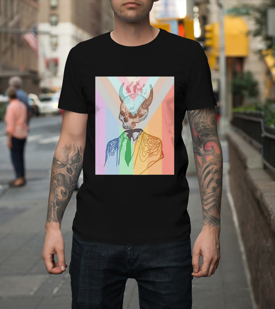 Horned Devil Skull Suit Pride Flag Surrealism Abstract Colorful T-Shirt