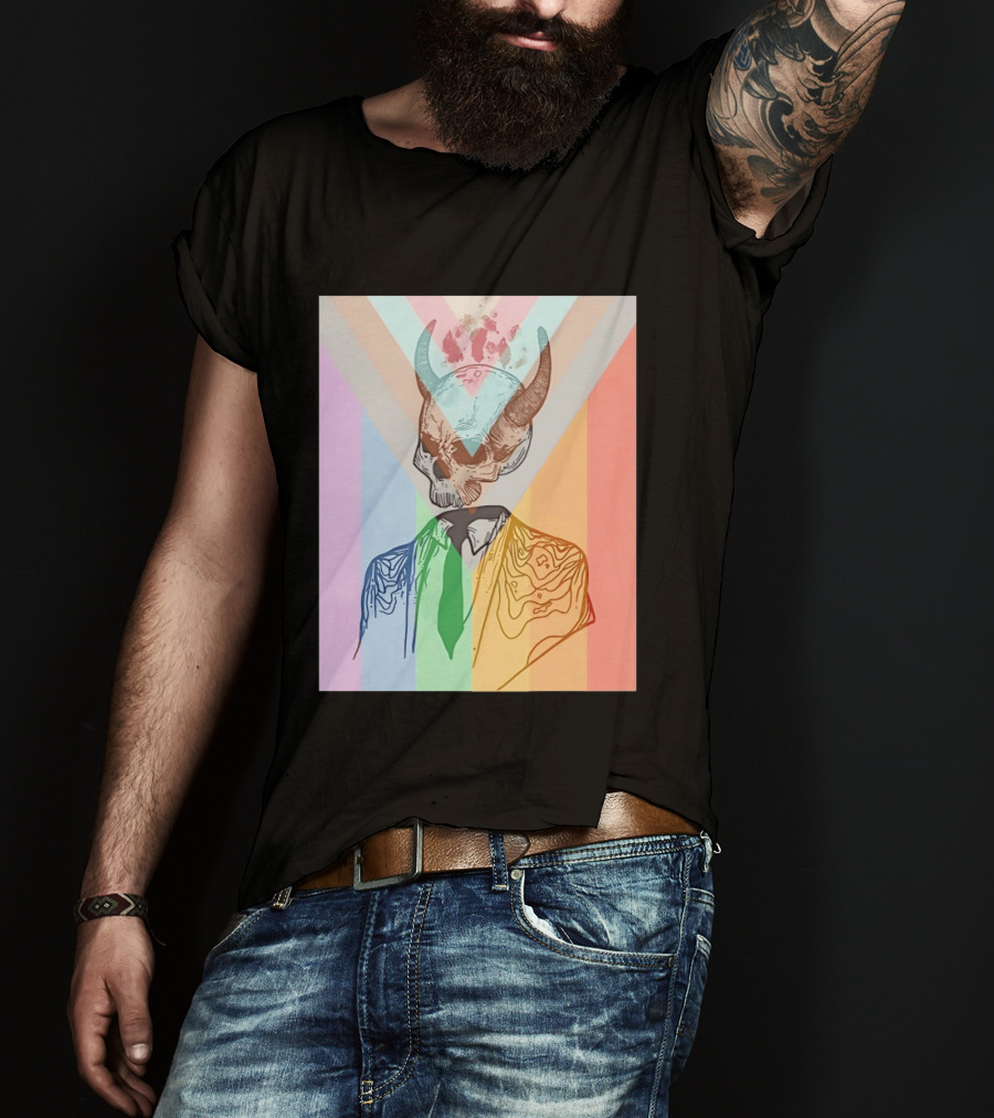 Horned Devil Skull Suit Pride Flag Surrealism Abstract Colorful T-Shirt