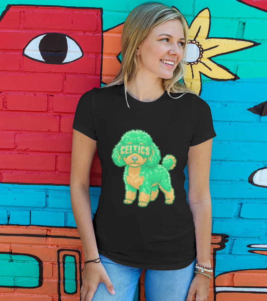 Boston Celtics Teacup Poodle Cartoon With Celtics Sunglasses T-Shirt