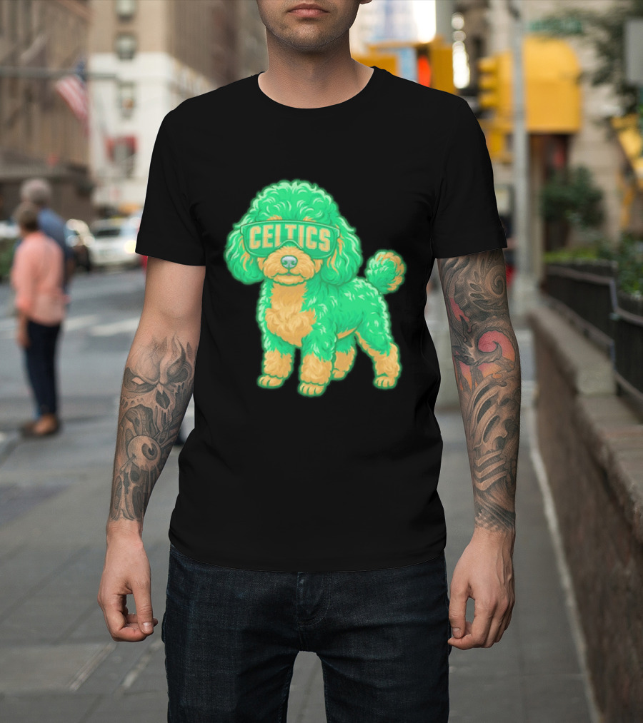 Boston Celtics Teacup Poodle Cartoon With Celtics Sunglasses T-Shirt