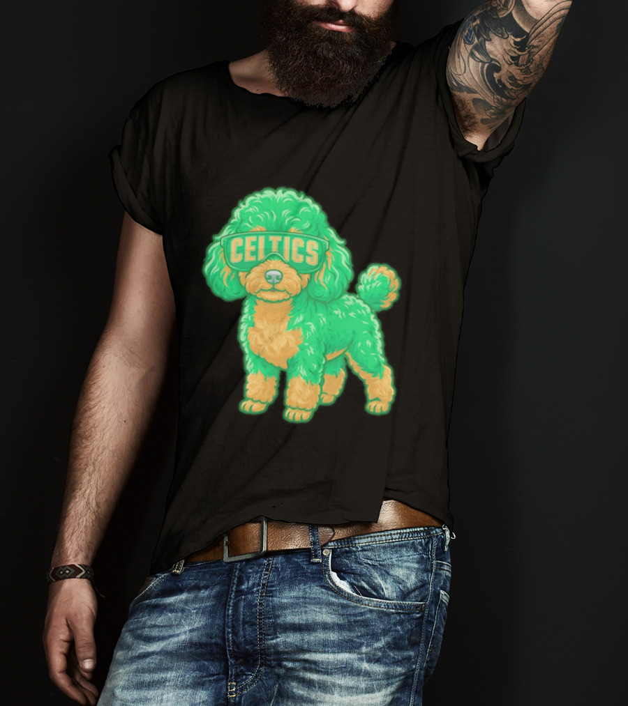 Boston Celtics Teacup Poodle Cartoon With Celtics Sunglasses T-Shirt