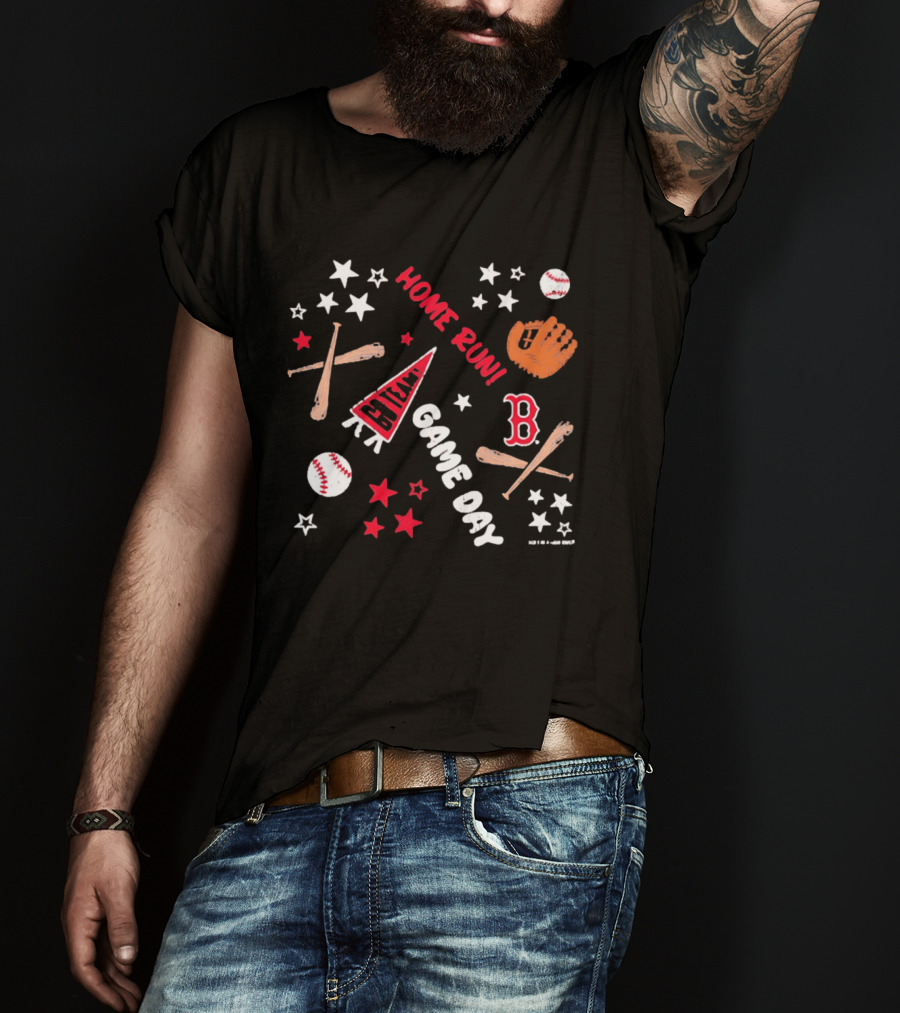 Boston Red Sox Home Run Game Day MLB Baseball Fenway Pennant And Bat Glove Stars T-Shirt