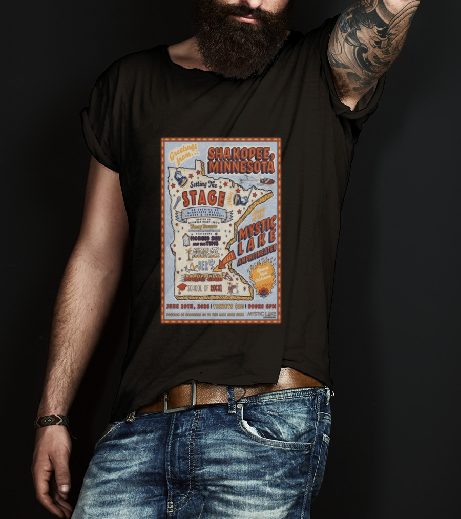 Greetings From Shakopee Minnesota Mystic Lake Amphitheater June 20 2026 Setting The Stage School Of Rock Band Event T-Shirt