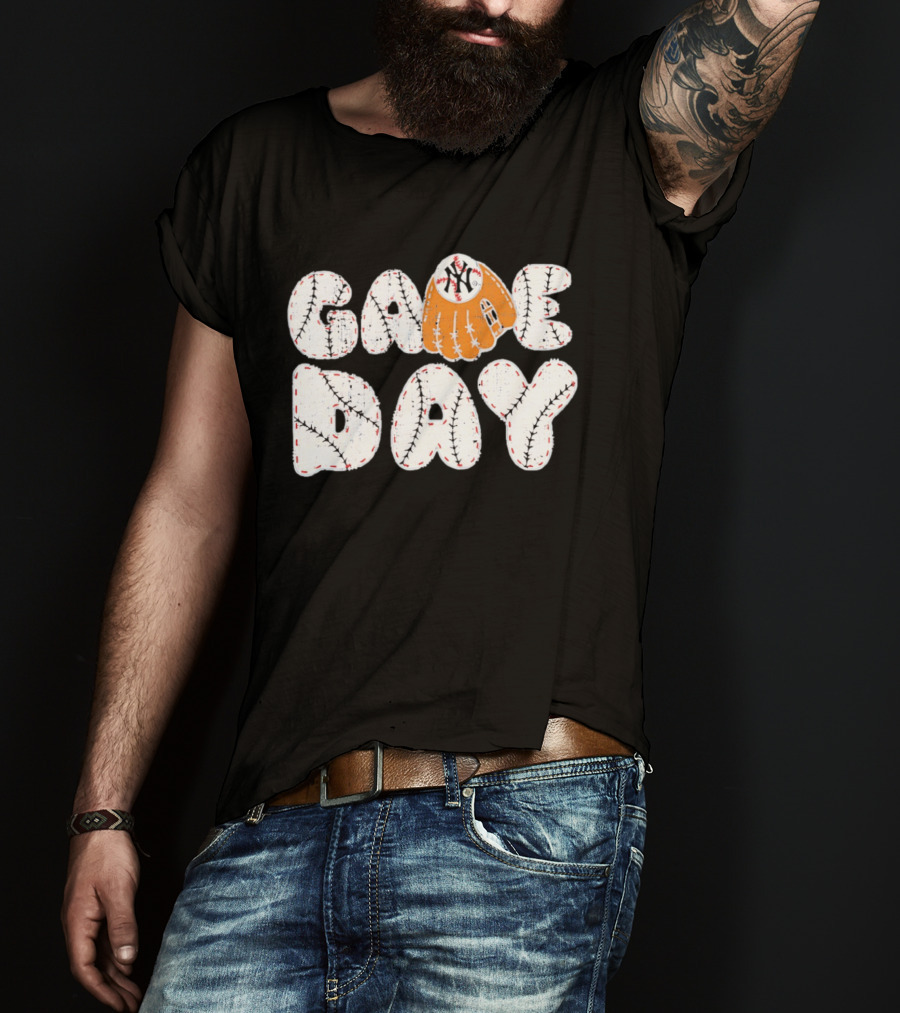 New York Yankees Game Day Baseball MLB NYY Glove And Ball Stitching T-Shirt