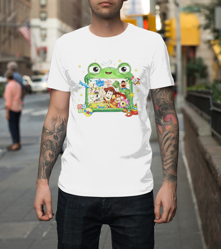 Woody And Buzz Lightyear Toy Story Characters Inside Frog Frame With Andy Blocks T-Shirt