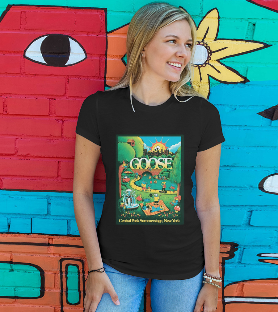 Goose Central Park Summerstage New York 2026 June 21 Lewy Jones Vibrant Park Scene With Sun And Fountain T-Shirt