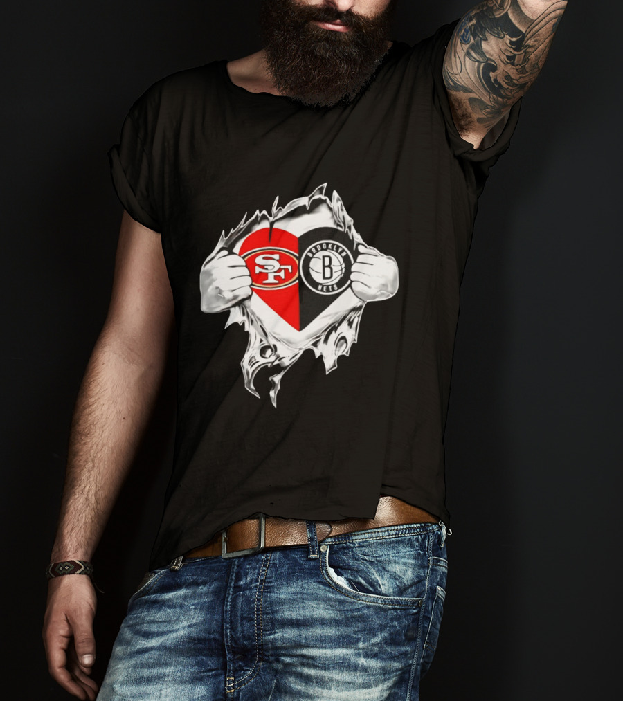 San Francisco 49ers Brooklyn Nets Heart Design Scratch Image T-Shirt