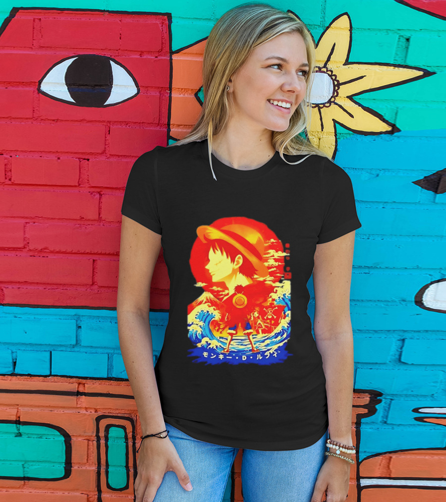 Monkey D. Luffy Straw Hat Waves Japanese Text One Piece Anime T-Shirt