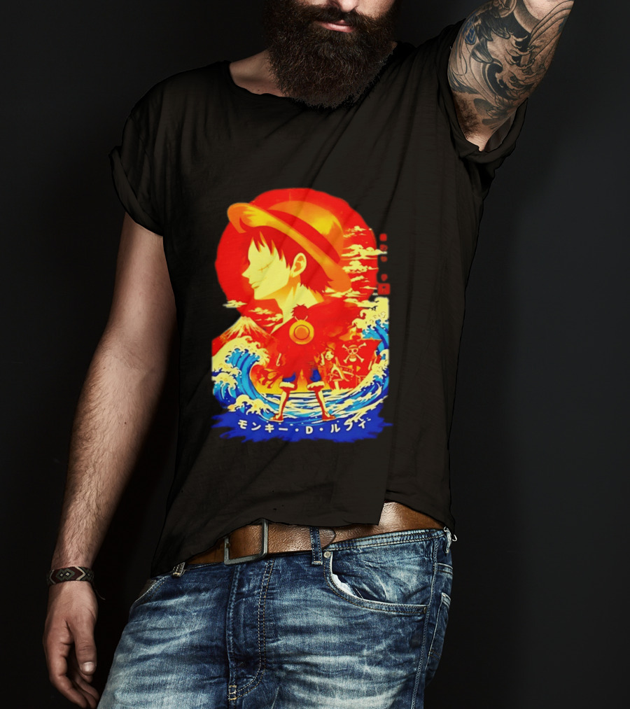 Monkey D. Luffy Straw Hat Waves Japanese Text One Piece Anime T-Shirt