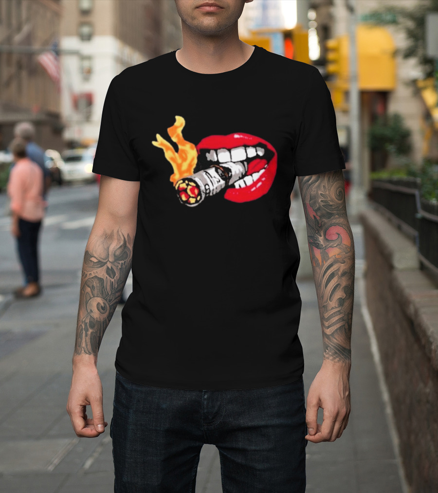 Flaming Smoking Money Lips Chenille T-Shirt