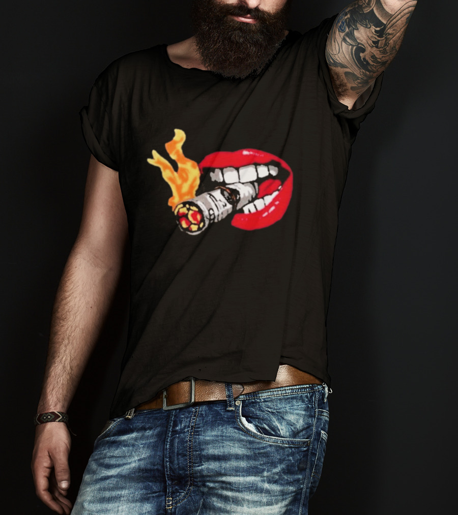 Flaming Smoking Money Lips Chenille T-Shirt