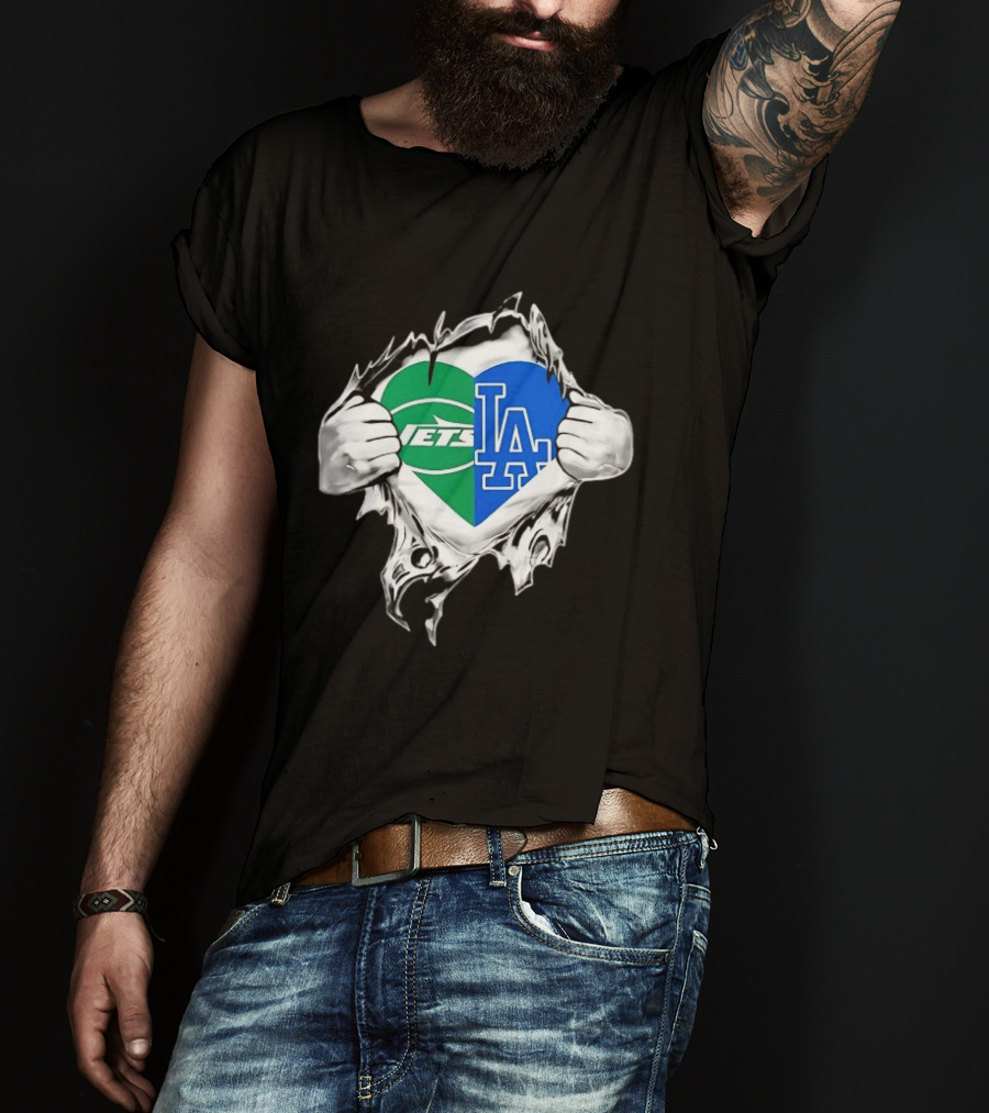 New York Jets Los Angeles Dodgers Heart Scratch T-Shirt