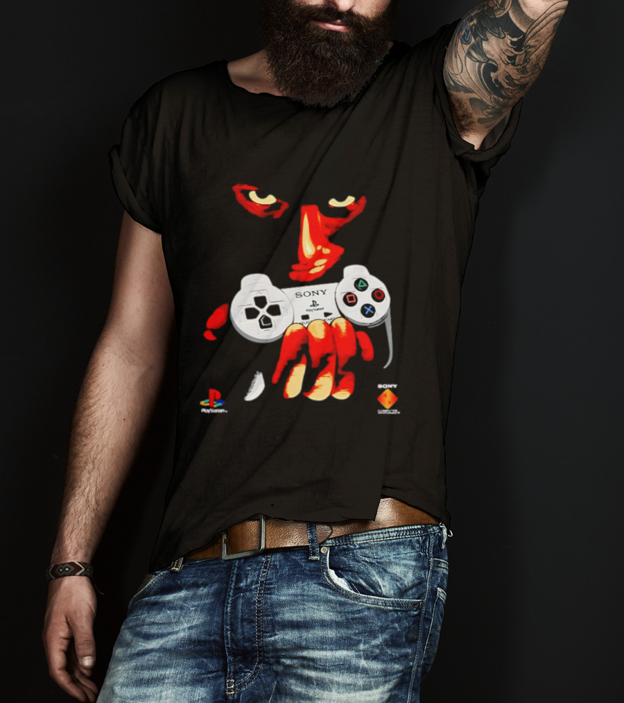 Sony PlayStation Controller 1996 Classic Design With Iconic Red Monster Hand T-Shirt