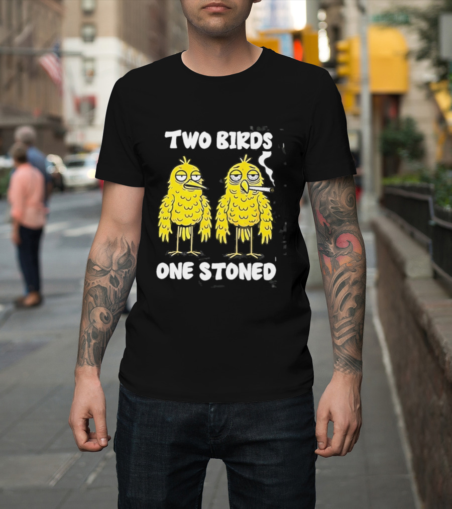 Two Birds One Stoned Smoking Cartoon Humor T-Shirt