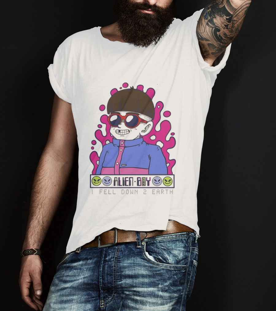 Alien Boy I Fell Down 2 Earth Cool Kid Retro Pink Smiley Vibes T-Shirt