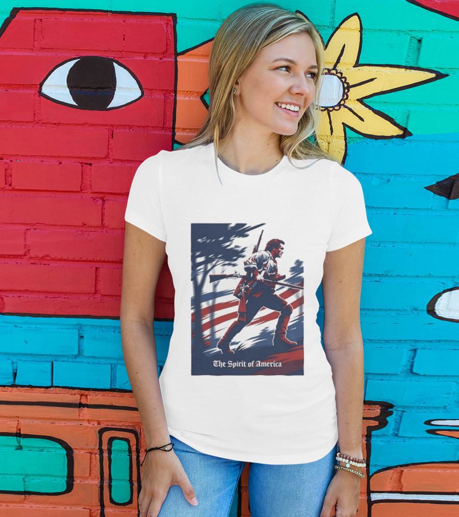 The Spirit Of America Revolutionary War Soldier With Musket And American Flag T-Shirt