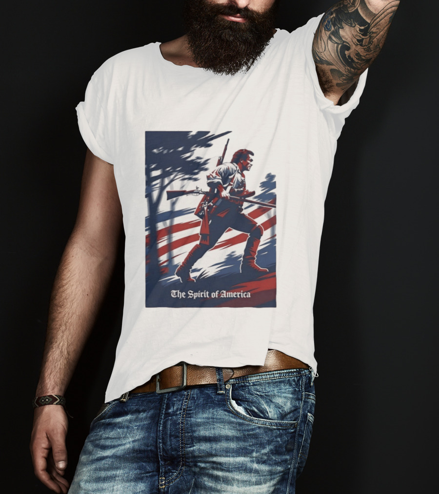 The Spirit Of America Revolutionary War Soldier With Musket And American Flag T-Shirt