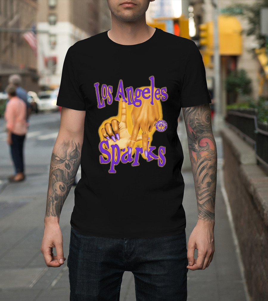 Los Angeles Sparks WNBA Finger Gesture Purple Ink Sketch T-Shirt