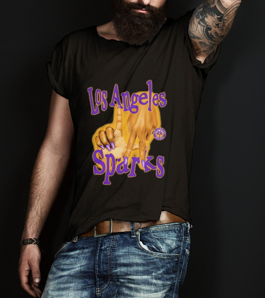 Los Angeles Sparks WNBA Finger Gesture Purple Ink Sketch T-Shirt
