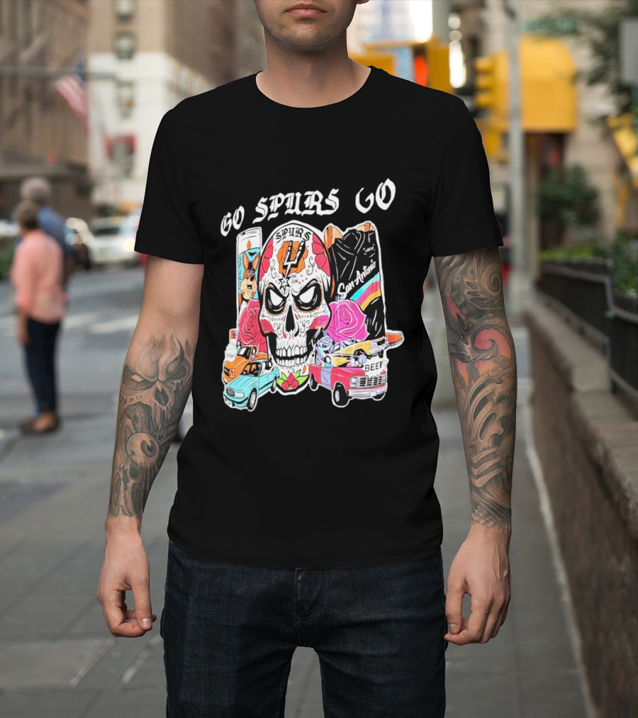 San Antonio Spurs Sugar Skull Go Spurs Go Vintage Cars Roses T-Shirt