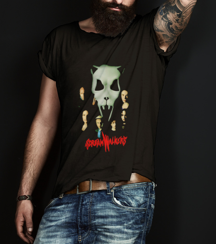 Screamwalkers Movie Cast Ensemble With Giant Mask Horror Faces T-Shirt