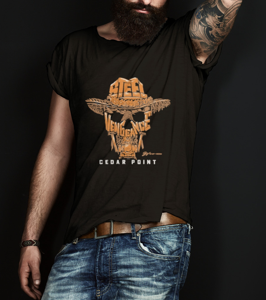 Cedar Point Steel Vengeance Orange Skull Logo & GV Wordscape T-Shirt