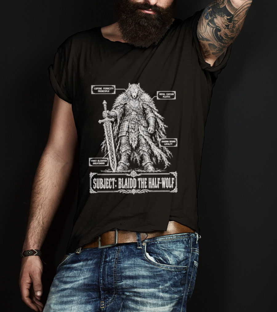 Blaidd Half Wolf Diagram Giant Sword Layered Fur Combat Form Analysis T-Shirt