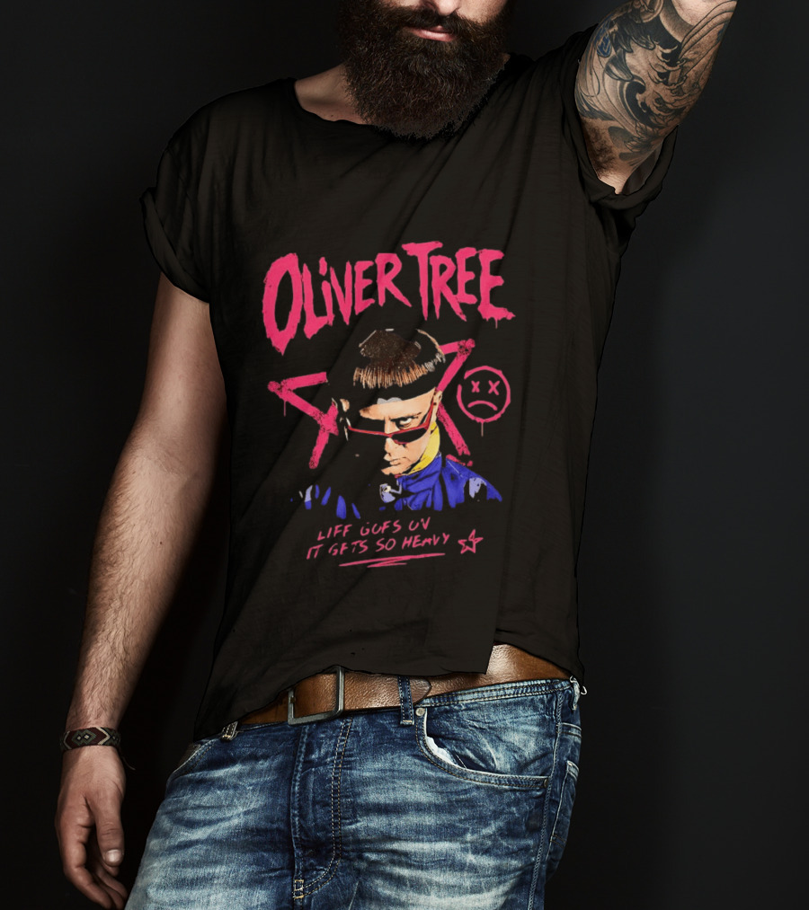 Oliver Tree Life Goes On It Gets So Heavy X Symbol Pink Text Sad Face T-Shirt