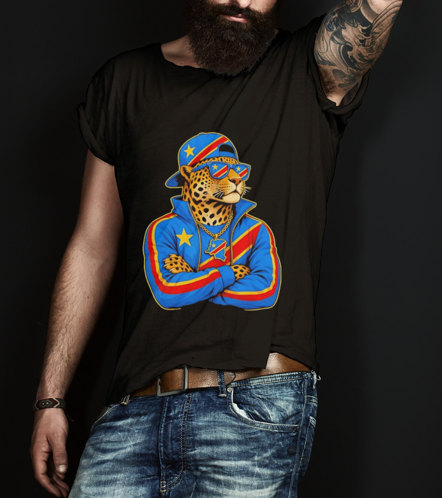 DR Congo Flag Colors Leopard In Hip Hop Style Outfit T-Shirt