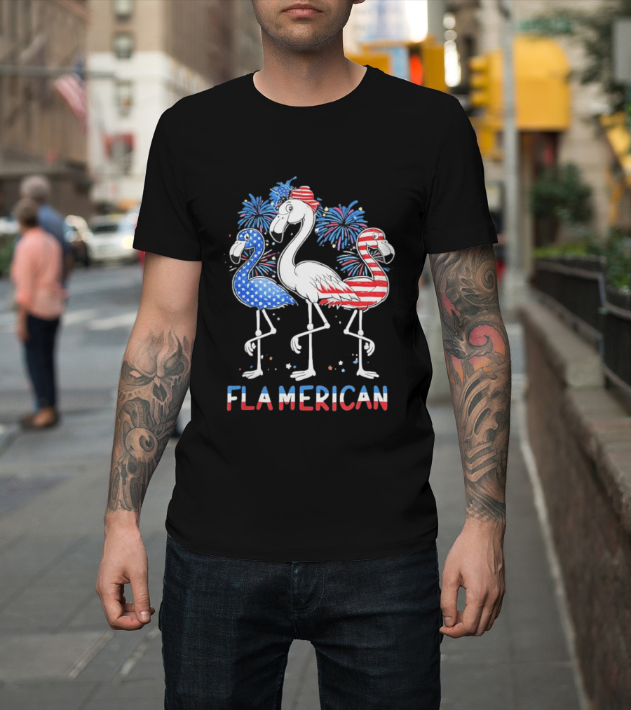 Flamerican Flamingo Fireworks Patriotic Fourth Of July T-Shirt