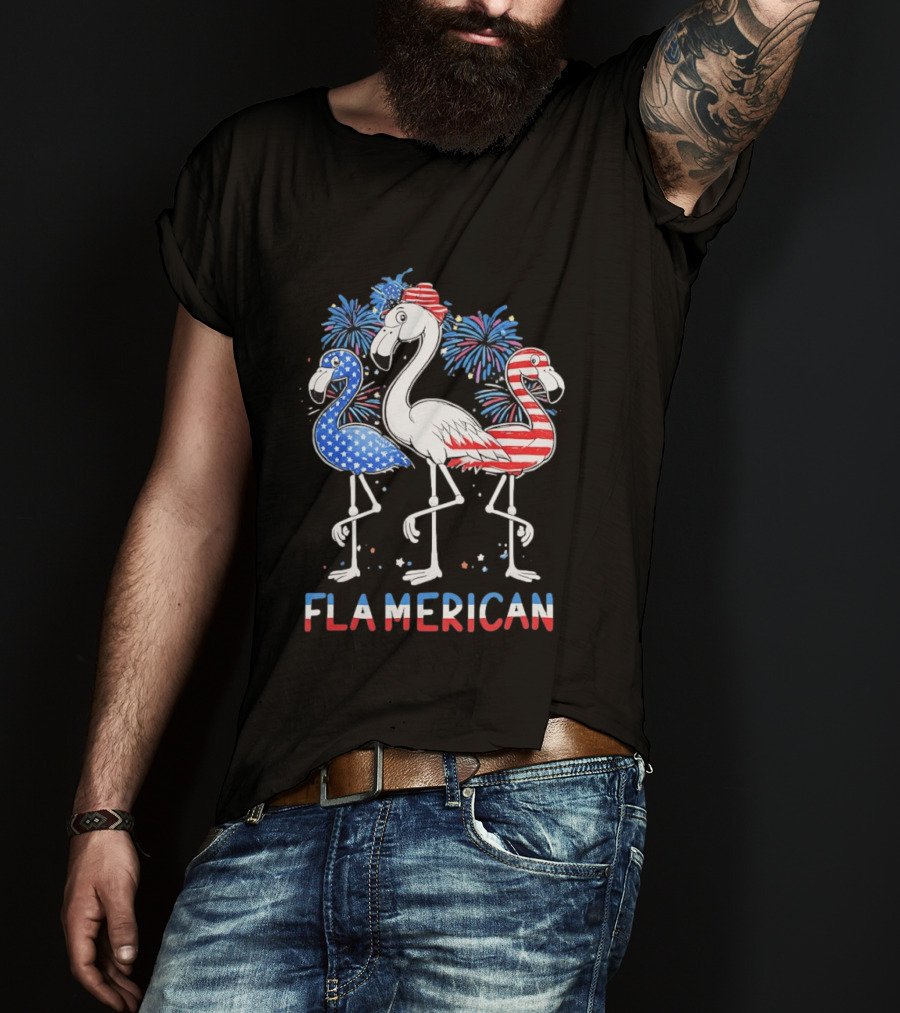 Flamerican Flamingo Fireworks Patriotic Fourth Of July T-Shirt
