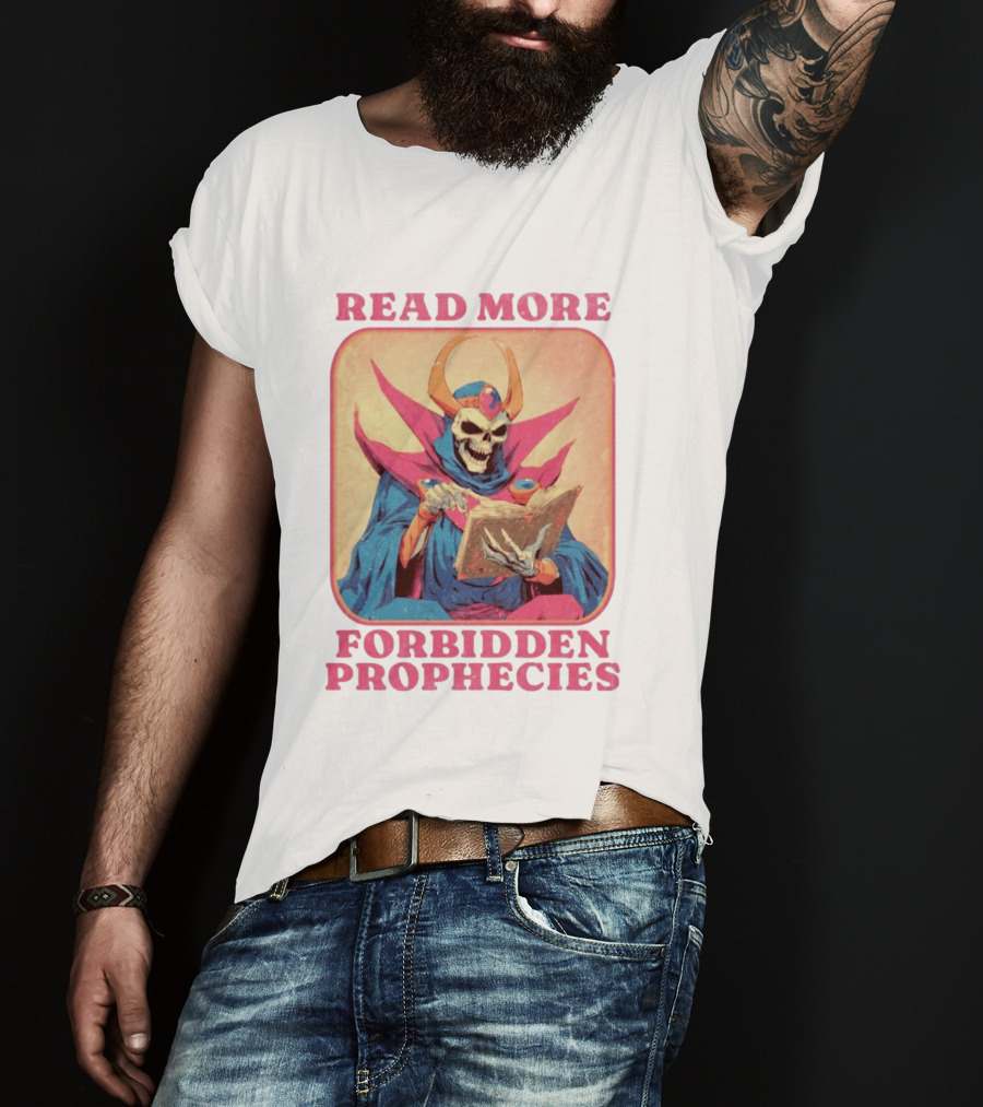 Read More Forbidden Prophecies Skeleton Cloaked Figure Holding Book T-Shirt