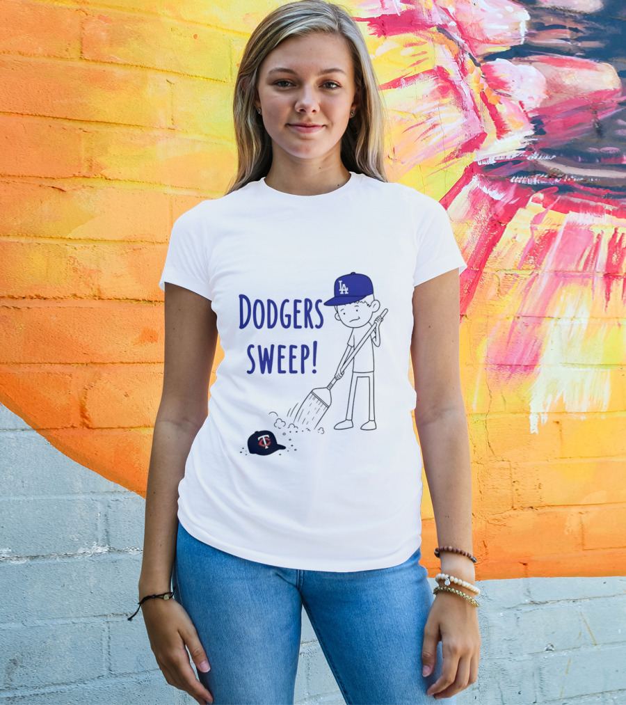Dodgers Sweep Cartoon Figure In LA Cap Broom Action T-Shirt