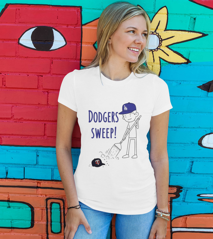 Dodgers Sweep Cartoon Figure In LA Cap Broom Action T-Shirt