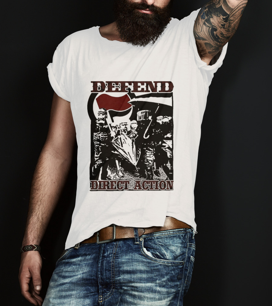 Defend Direct Action Antifa Protest Imagery With Red Flag Iconography T-Shirt