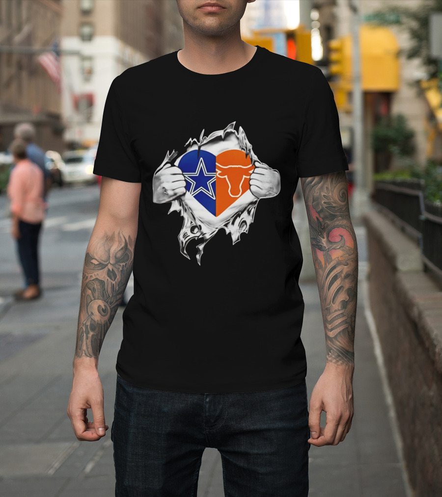 Dallas Cowboys And Texas Longhorns Heart Symbol Tearing T-Shirt
