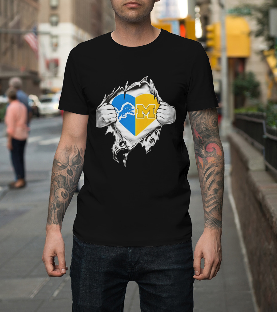 Detroit Lions Michigan Wolverines Heart Torn Reveal T-Shirt