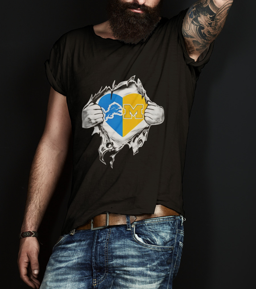 Detroit Lions Michigan Wolverines Heart Torn Reveal T-Shirt