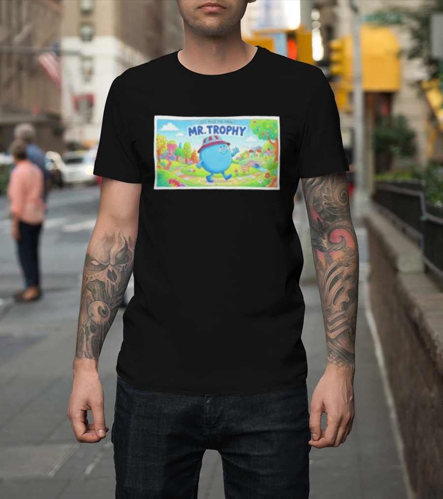 Sky Blue Mr. Men Mr. Trophy Character In Colorful Landscape Scene T-Shirt