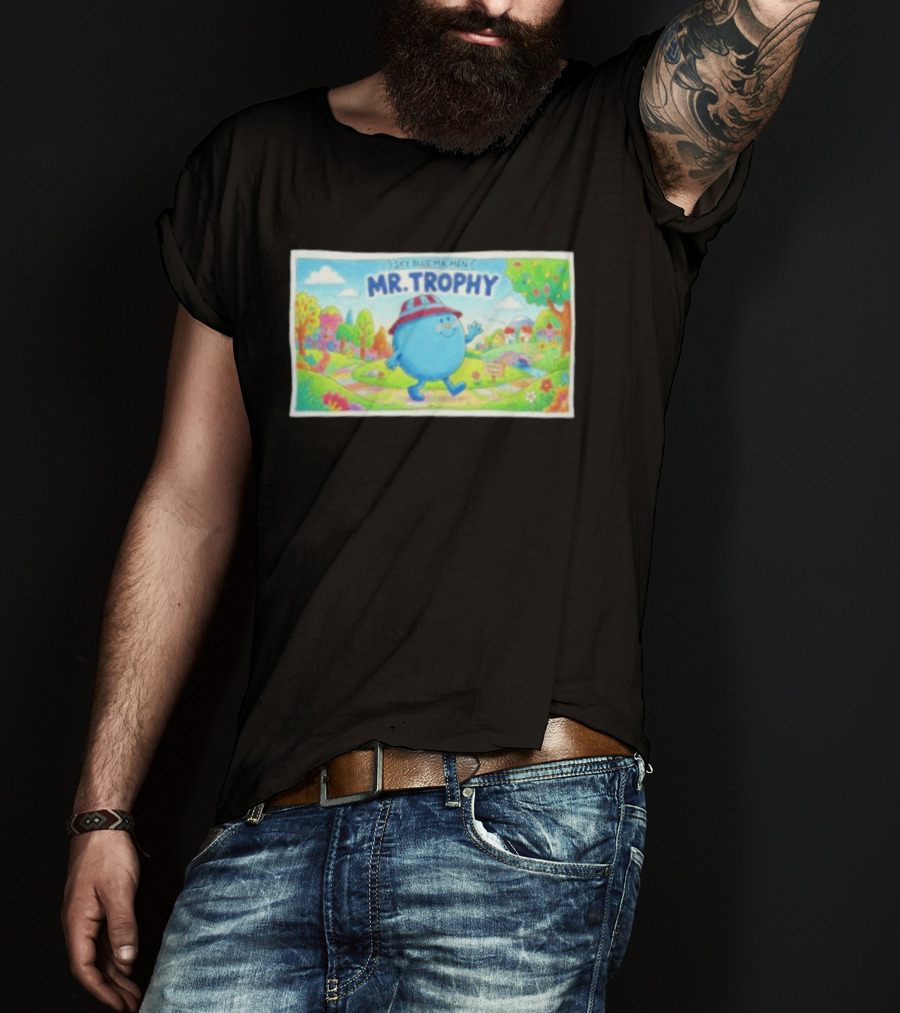 Sky Blue Mr. Men Mr. Trophy Character In Colorful Landscape Scene T-Shirt