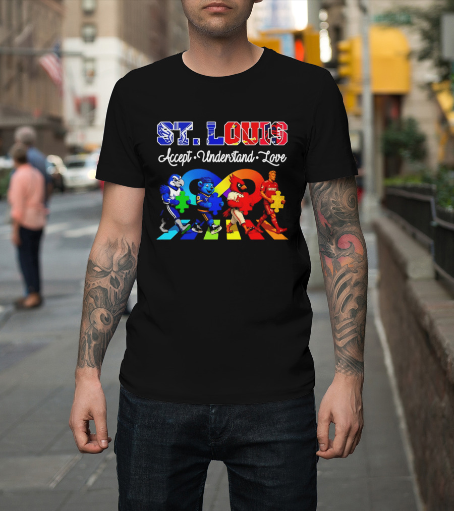 St Louis Accept Understand Love Autism Awareness Mascots Puzzle Pieces T-Shirt