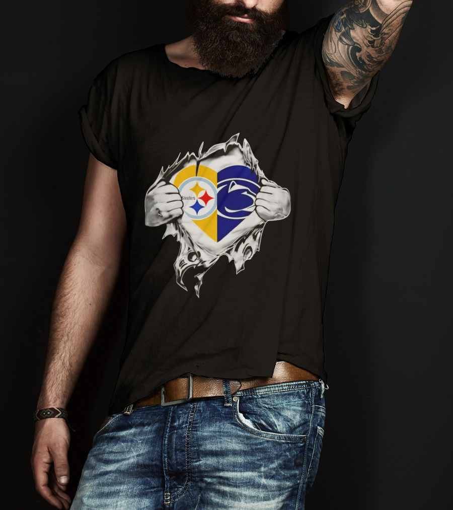 Steelers Penn State Heart Fan Logo Torn Fabric T-Shirt