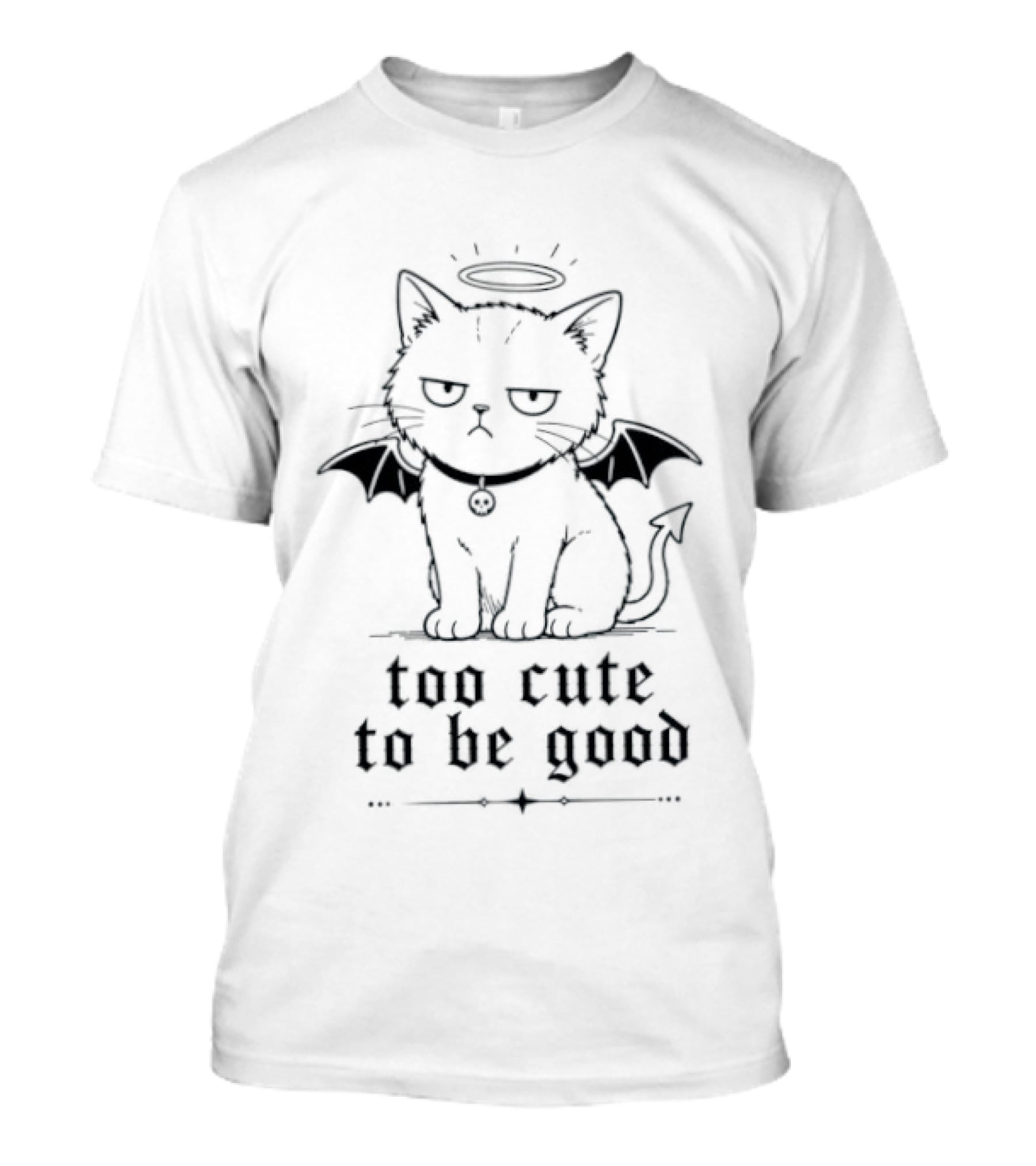 Too Cute To Be Good Devil Cat Kitten Halo Wings T-Shirt