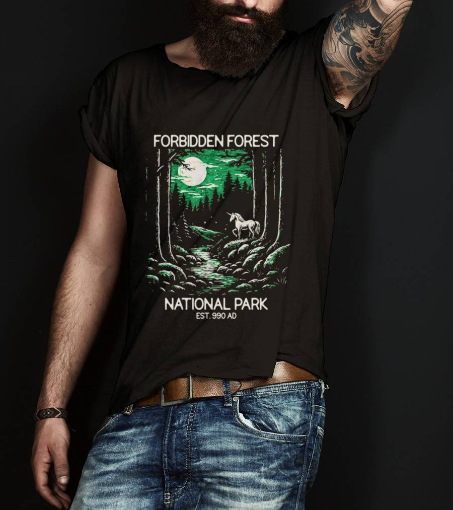 Forbidden Forest National Park Est 990 AD Moonlit Unicorn Scene T-Shirt