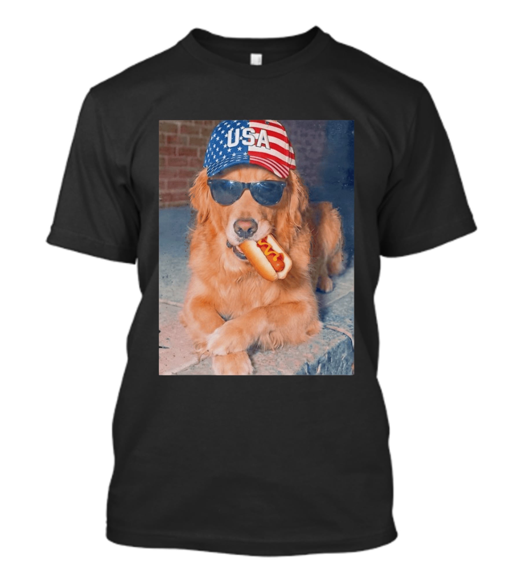Golden Retriever With USA Hat Eating Hot Dog American Flag 4th Of July T-Shirt